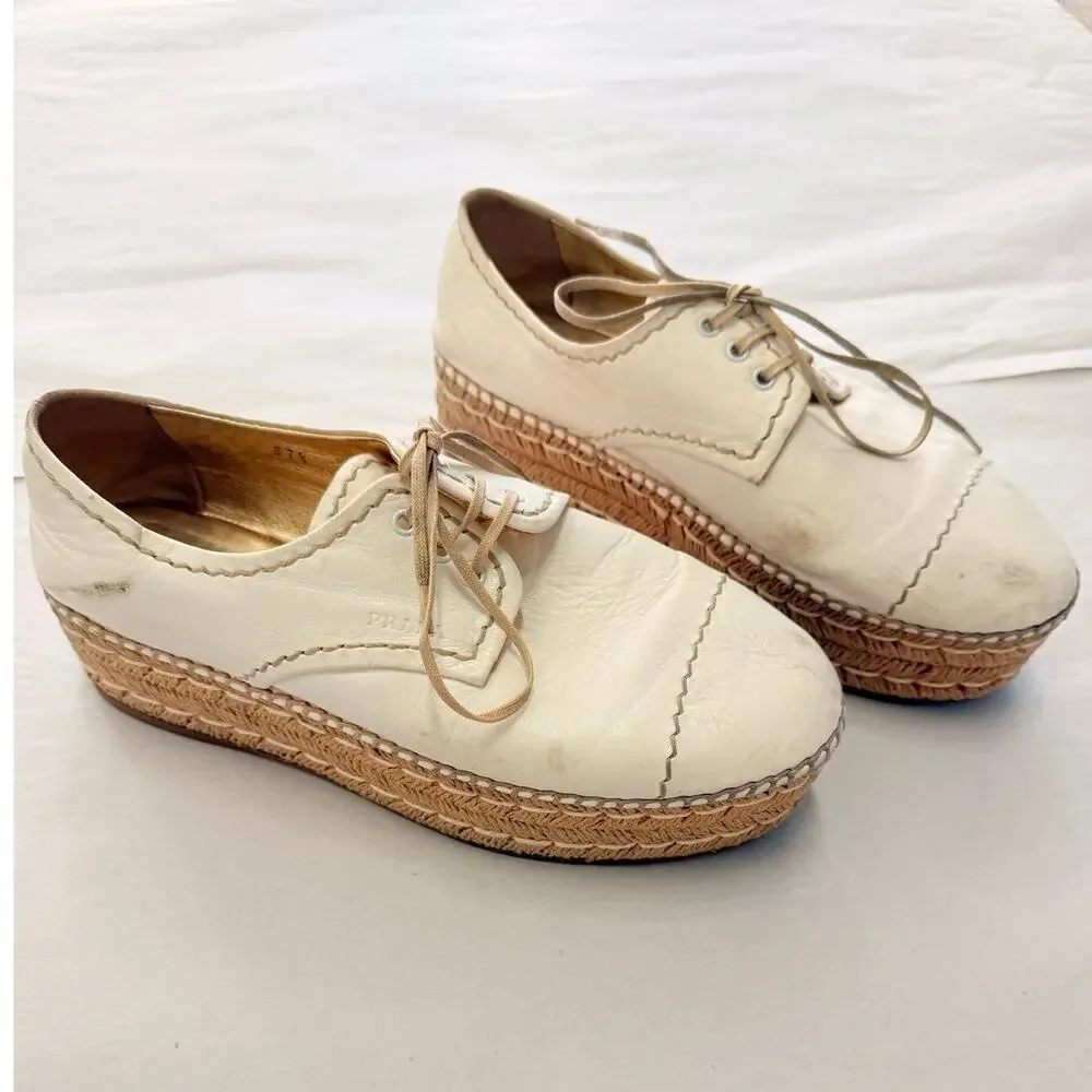 Prada 2024 Leather Platform Espadrilles EU 37.5 US 7.5‎ Off-White